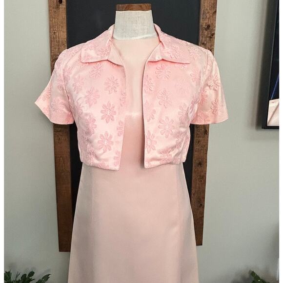 Vintage 50s Pink Satin Dress Bolero Set L Floral Brocade Cocktail Party Formal - Picture 2 of 16